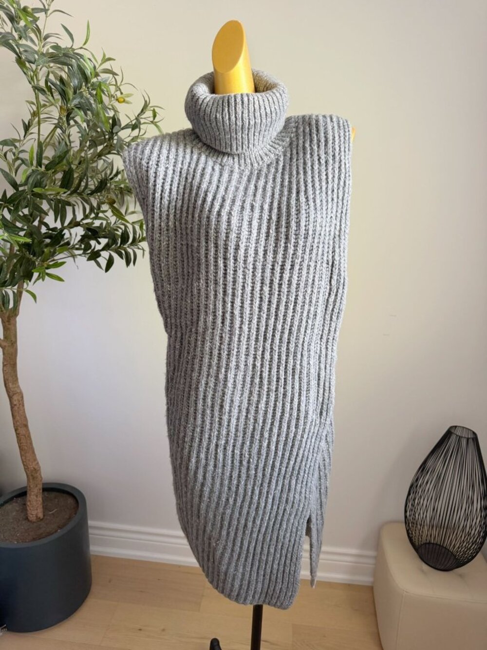 Gray Chunky Knit Turtleneck Sweater Vest Dress S/M